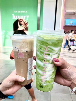 Lapsang Souchong milk tea w/ salted cream & Matcha Tornado