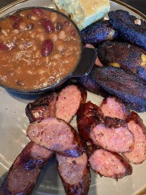 Plantains, baked beans, and house made sausage