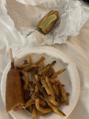 Chicago dog, corn dog and fries