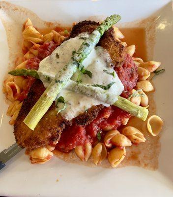 CHICKEN MOLONAISE-Chicken, lightly breaded & pan fried topped with asparagus & mozzarella in a tomato sauce. Served over shell pasta.