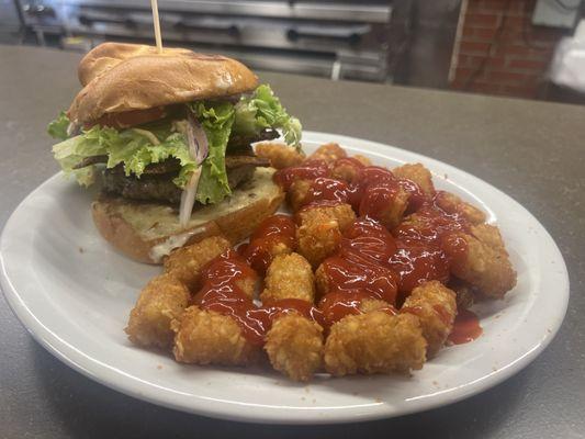 The burger and tots