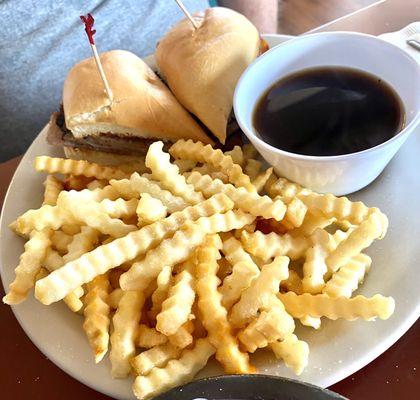 French dip, just deli roast beef, OK. Plenty of crispy fries, good tarter. $12