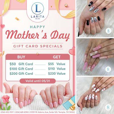 HAPPY MOTHER'S DAY 
GIFT CARD SPECIALS
Valid until 05/31