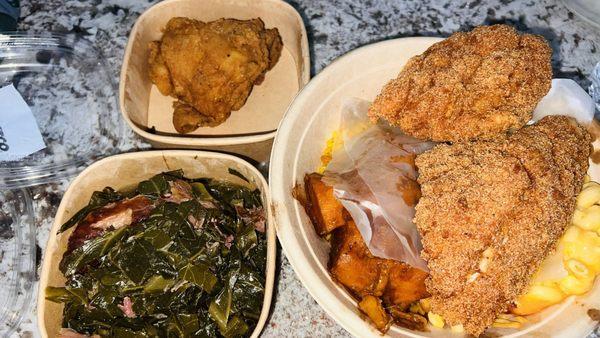 Snapper, yam, Mac & Cheese 1/2 Pint Collard Greens NO MEAT 1/2 Pint