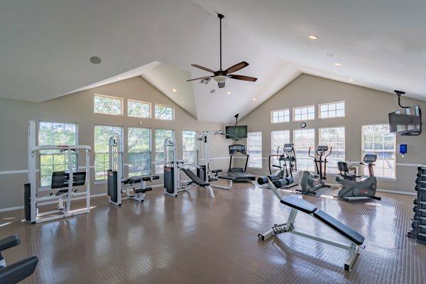 Spacious fitness studio with great views. 24-hour access for residents.