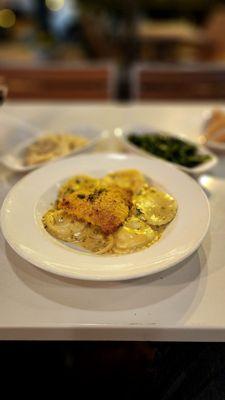 Crested corvina with ravioli, very pretty presentation but lacked flavor in my opinion.