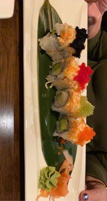 Treasure Island roll. Spicy White tuna avocado with crunchy spicy crab meat on top & multi caviar.