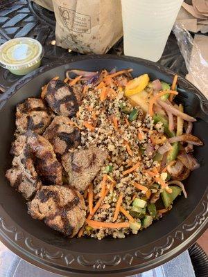 Half Power Plate with steak, quinoa, and grilled veggies