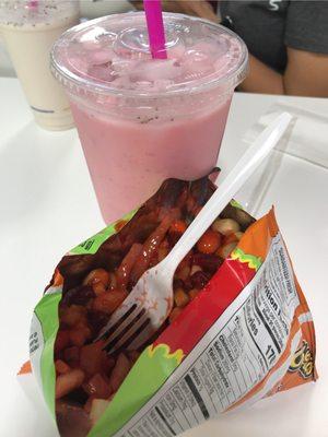 agua fresca ( strawberry )  Tostilocos ( lemon hot Cheetos )