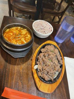 Bulgogi and beef soft tofu soup combo