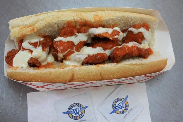 The famous buffalo chicken tender sandwich! Hot sauce and bleu cheese!