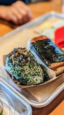 Spam musubi and a mushroom onigiri