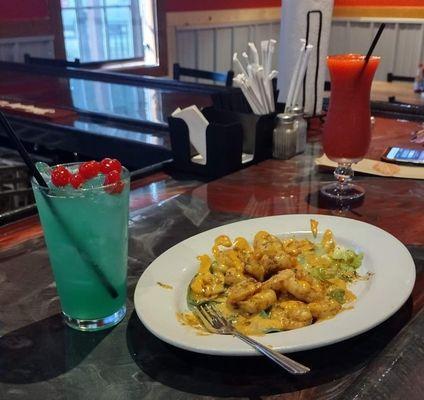 Boom boom shrimp. Strawberry daiquiri, blue Hawaiian