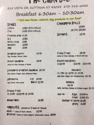 The Cabin Deli Menu