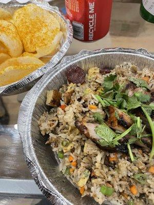 Shrimp Crackers & Cambodian Fried Rice with Char Siu Pork.