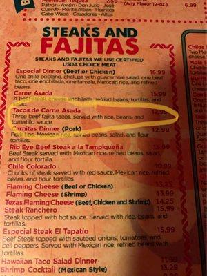 Description on menu of the tacos de cilantro. Notice no mention of cilantro.