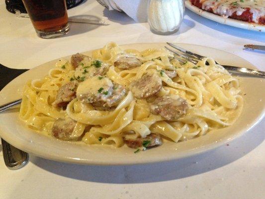 Fettuccini Alfredo with sweet Italian Sausage