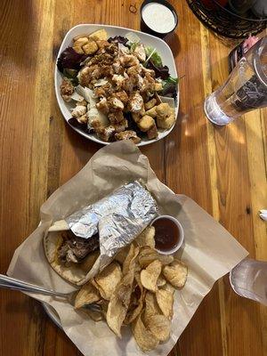 Crispy chicken salad with ranch dressing; Pig in a Pickle Jar pita sandwich with chips