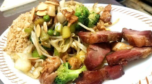 Dinner Combination Plate with Subgum Chicken Chow Mein with BBQ Pork & Fried Rice