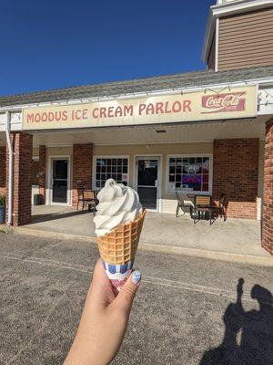 English toffee soft serve in waffle cone