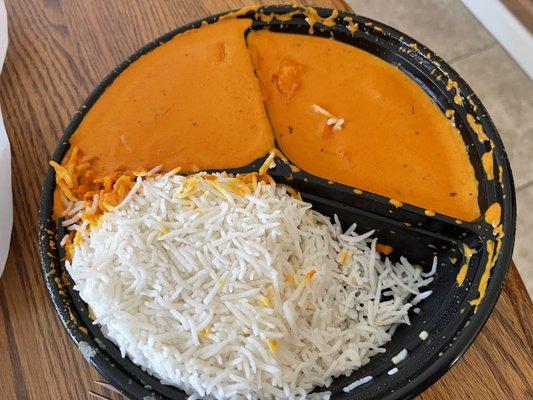 Butter chicken and rice, part of the deluxe combo. It tipped over in my car when I took a turn but the lid stayed sealed and it didn't leak!