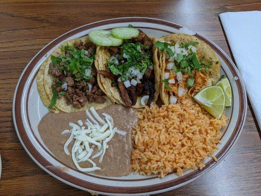 3 taco dinner - chicken, steak and al pastor Yummo!!!