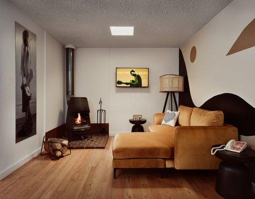 Casita living area with wood-burning fireplace