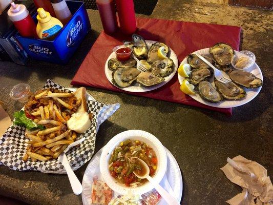 Maryland oysters $22 for dozen, soft shell crab platter and crab soup. All a must try!