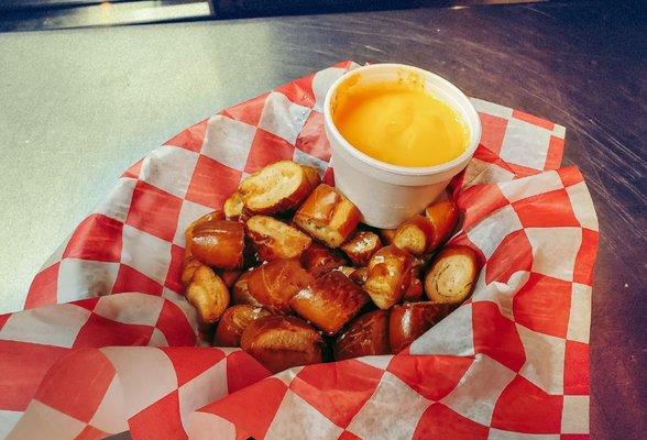 Fried Pretzel Bites w/ a side of Nacho Cheese.