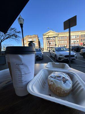 Hot Caramel Macchiato with a Cinnamon Roll.