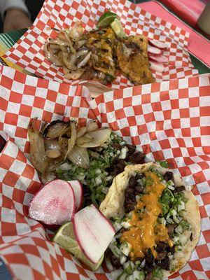 Quesabirrias on top, tacos asada bottom