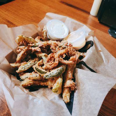 Spicy Fried Pickles. Our Unique Spicy Spear Strips and pickled jalapeno slices battered and fried. Served with Ranch and Chipotle Ranch.