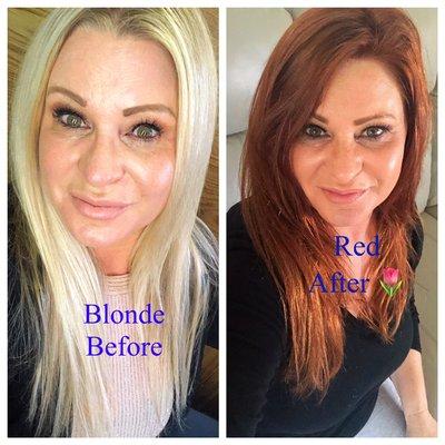 This customer wanted to go from blonde to red hair... she really liked it..