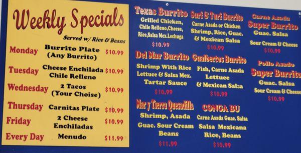 Menu, weekly specials and burritos