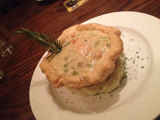 Chicken pot pie on bed of mash. LISH! Super delicate flaky crust.