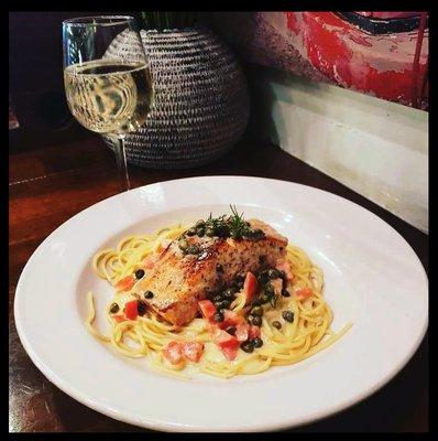 Happy Valentines Day!  Tonight we have two delicious specials for you, pictured is our Salmon Picatta with a lemon caper sauce.