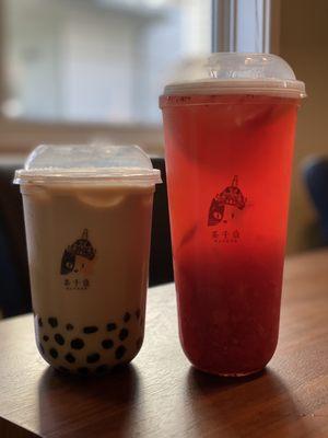 Black Pearl Milk Tea and Large Strawberry Fruit Tea