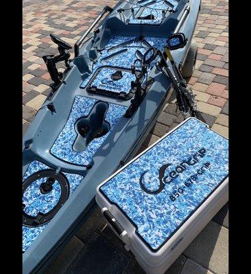 One of our many OceanGrip jobs done in an arctic camo with a custom pattern completed on a kayak.