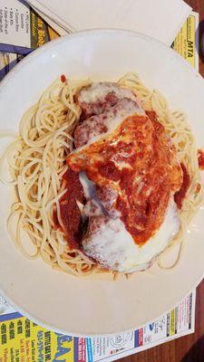 The eggplant parmigiana with spaghetti. It costs $21.95. (July 21, 2023).