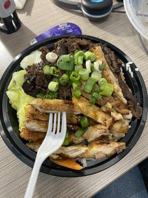 Chicken and beef teriyaki bowl with veggies.