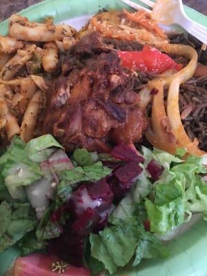 Black rice, salad with beets, turkey and macaroni