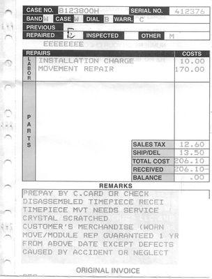 Invoice from Seiko for repairing the damage that Gold in Art did to my watch.