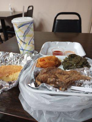 Pork chop, collard greens,yams n corn bread.yummy