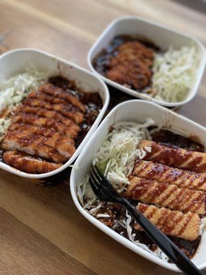 Chicken katsu curry, pork katsu curry, and fish curry.