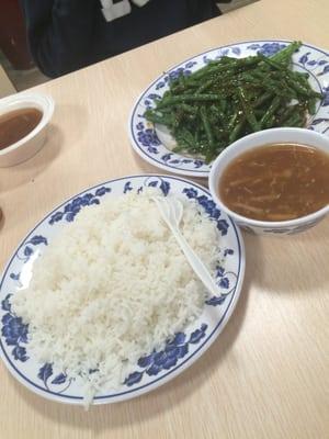 String beans ($6.50), rice, hot and sour soup (free?? Comes with meal)