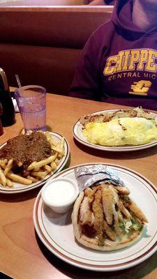 Chicken finger pita, chili fries, Biffs omelette