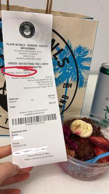 Acai bowl with receipt