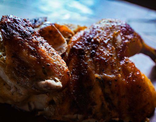 Wood-fired Rotisserie Chicken. Seasoned and fired everyday. Available after 4 p.m.