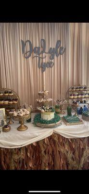 Dessert stands, Table skirt and backdrop setup by Ja-Ja. Treats and name tag by me.