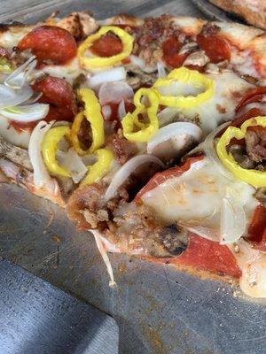 Pepperoni, mushroom, onion and banana peppers